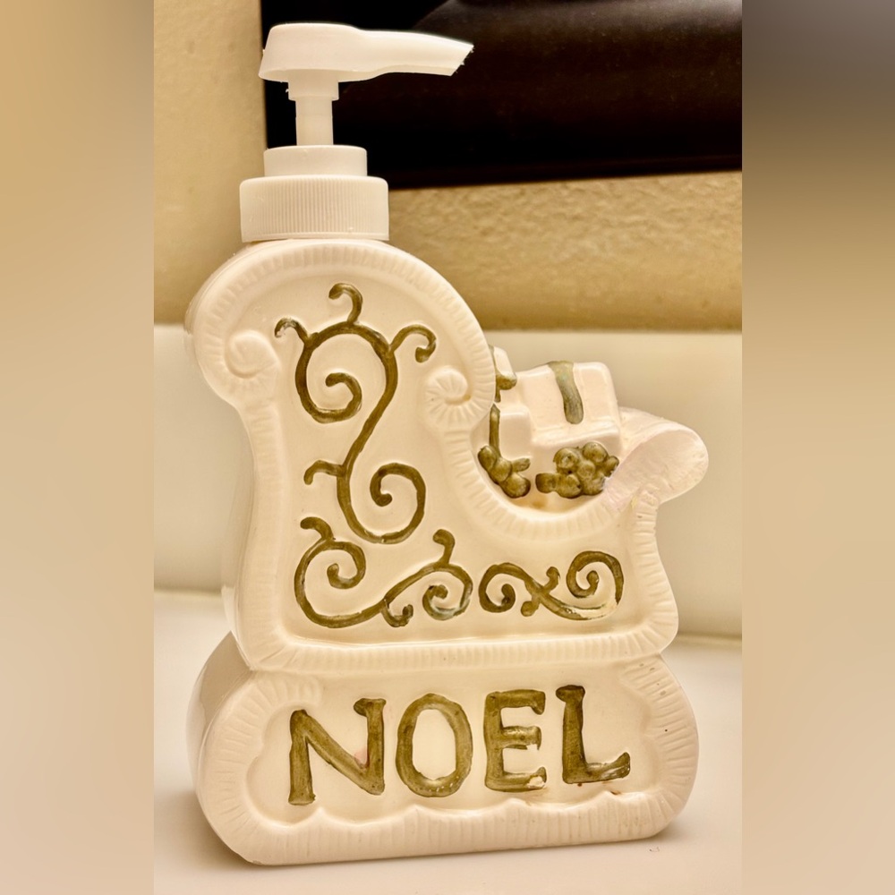 Charming Vintage White and Gold Ceramic Hand Painted Noel Sleigh Dispenser